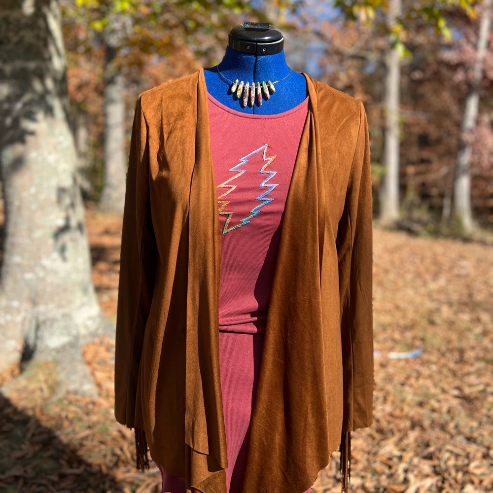 ONE OF A KIND! Banjo Gal / Ellison Faux Suede Cardigan w fringe - L